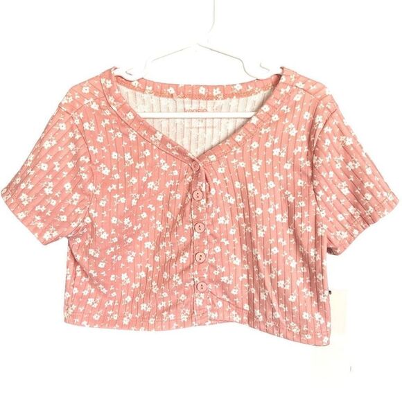 NWT Kensie Girls Floral Ribbed Button Up Short Sleeve Blouse - Picture 1 of 5